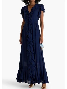 Mikael Aghal Deep Navy Ruffle-Front Maxi Dress